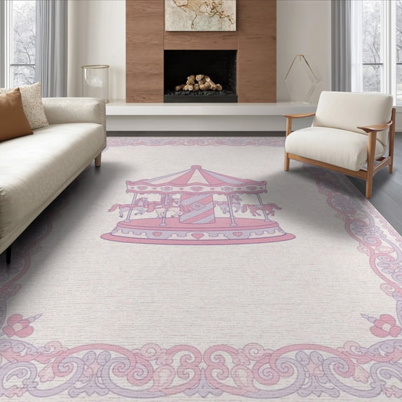 ODIKA 8'x10' Washable Area Rug Non-Shedding, Easy Care, Round Pastel Carousel Motif Interlocking Scroll Traffic Storybook for King Size Bedroom Under Bed, Master Suite