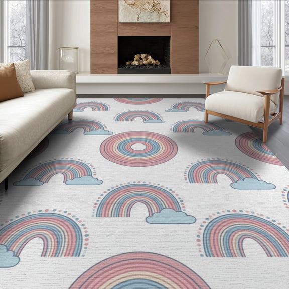 ODIKA 8'x10' Washable Area Rug Non-Shedding, Easy Care, Scallop Border Whimsical Scattered Polka Dot Motifs Pink Boho Refined Structured for King Size Bedroom Under Bed, Master Suite