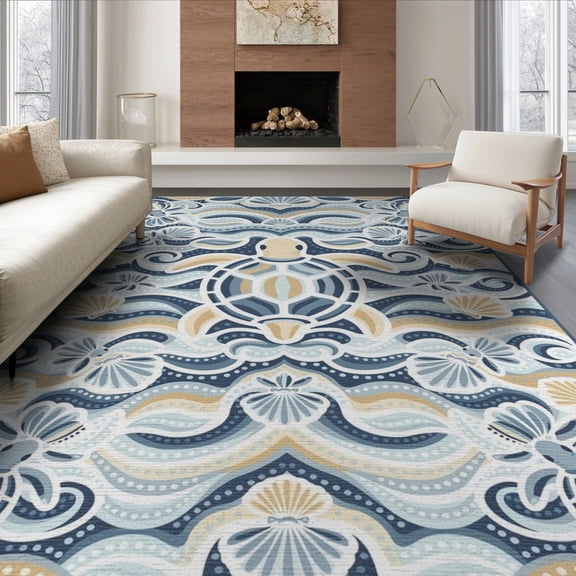 ODIKA 8'x10' Washable Area Rug Non-Shedding, Easy Care, Sea Animals Nautical Turtle Design With Scattered Shell Accents for King Size Bedroom Under Bed, Master Suite