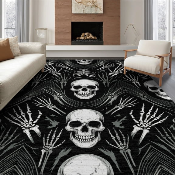 ODIKA 8'x10' Washable Area Rug Non-Shedding, Easy Care, Skull Horror Toss Vintage Distressed Skeleton Gothic Ghost Refined for King Size Bedroom Under Bed, Master Suite