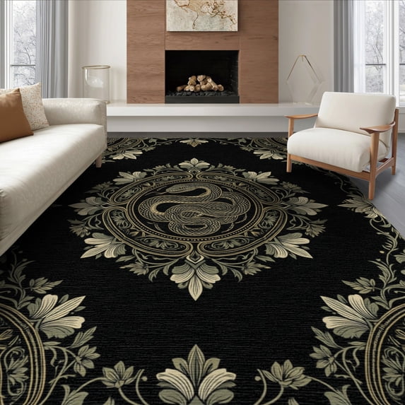 ODIKA 8'x10' Washable Area Rug Non-Shedding, Easy Care, Snake Covering Coiled Motif Symmetrical Border Ornamental Forest for King Size Bedroom Under Bed, Master Suite