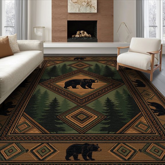 ODIKA 8'x10' Washable Area Rug Non-Shedding, Easy Care, Southwestern Border Motif Mens Decorations Reindeer Cabin Cowboy Refined for King Size Bedroom Under Bed, Master Suite