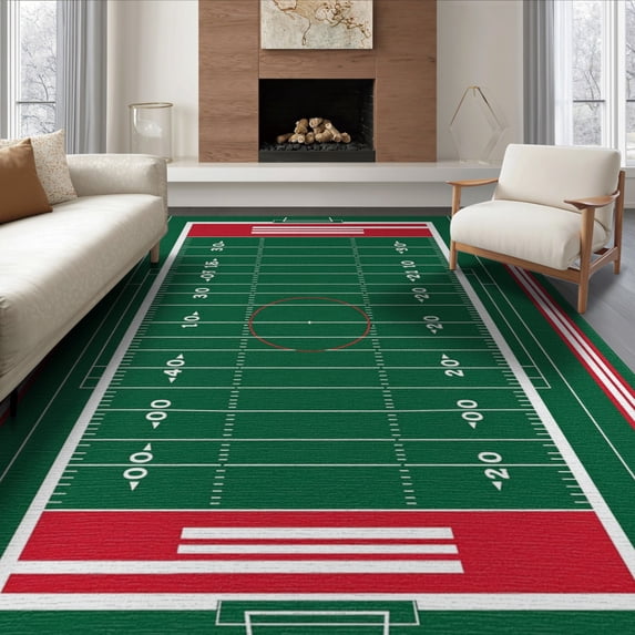 ODIKA 8'x10' Washable Area Rug Non-Shedding, Easy Care, Sport With Yard Lines And Bold Endzone Stripes Football Field Refined Structured for King Size Bedroom Under Bed, Master Suite