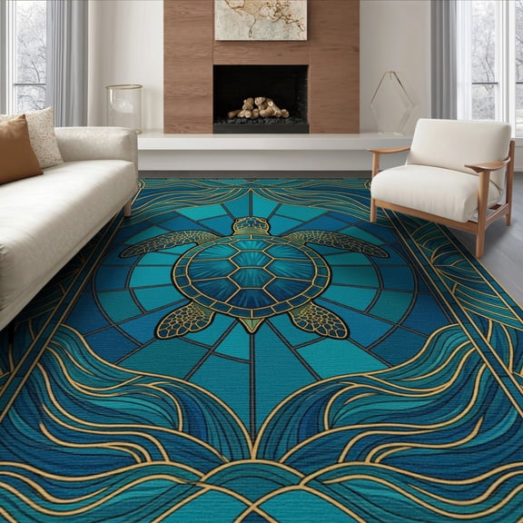 ODIKA 8'x10' Washable Area Rug Non-Shedding, Easy Care, Stained Mosaic Ocean Border Entryway Teal Beachy Nautical Turtle Refined for King Size Bedroom Under Bed, Master Suite
