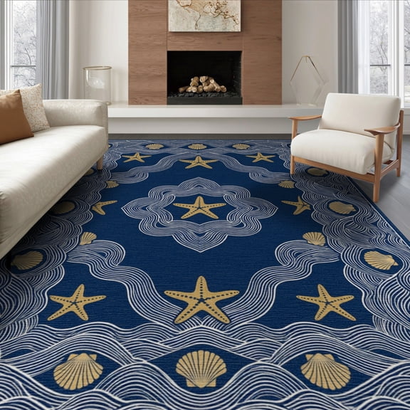ODIKA 8'x10' Washable Area Rug Non-Shedding, Easy Care, Starfish Nautical Seashell Rolling Wave Border Bathroom Ocean for King Size Bedroom Under Bed, Master Suite