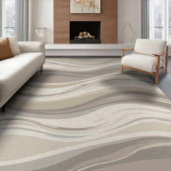 ODIKA 8'x10' Washable Area Rug Non-Shedding, Easy Care, Stripe Wave Marbled Brushstroke Textured Beige Cream Abstract Playful Expressive for King Size Bedroom Under Bed, Master Suite