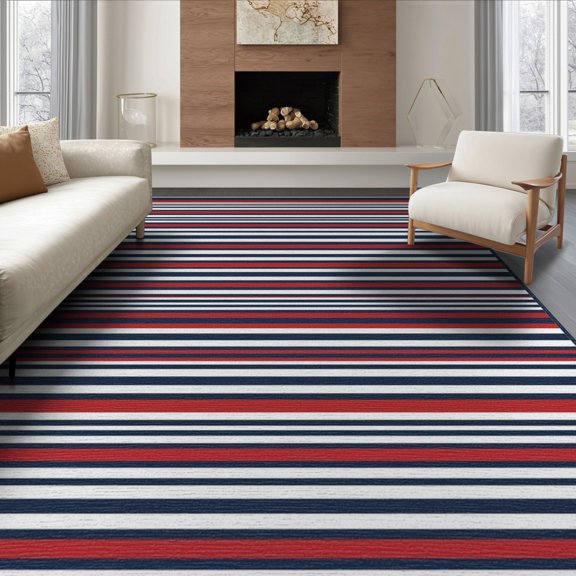 ODIKA 8'x10' Washable Area Rug Non-Shedding, Easy Care, Striped Banded Navy Stripe Symmetrical Maritime Strip Mudroom for King Size Bedroom Under Bed, Master Suite