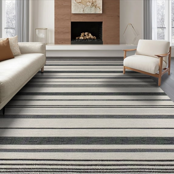 ODIKA 8'x10' Washable Area Rug Non-Shedding, Easy Care, Striped Modern Farmhouse With Bold Pinstripe And Banded Border for King Size Bedroom Under Bed, Master Suite