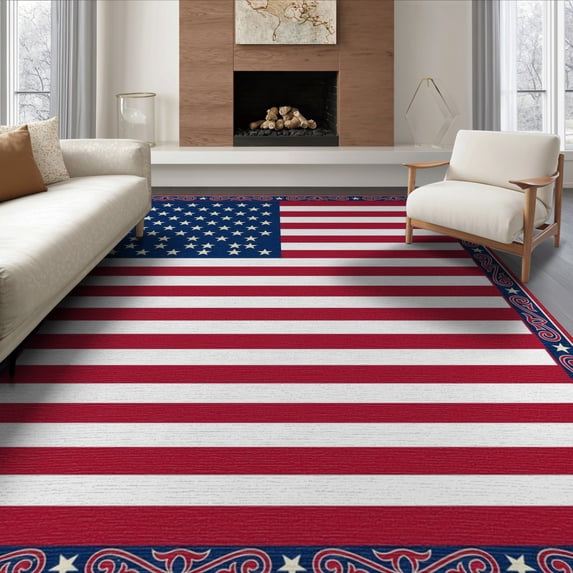 ODIKA 8'x10' Washable Area Rug Non-Shedding, Easy Care, Striped Motif Border Independence Welcome July Patriotic Door Playful Expressive for King Size Bedroom Under Bed, Master Suite