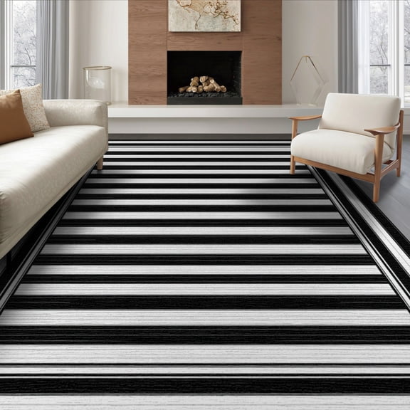 ODIKA 8'x10' Washable Area Rug Non-Shedding, Easy Care, Striped Symmetrical Door Horizontal Stripes Crisp Balanced Lines for King Size Bedroom Under Bed, Master Suite