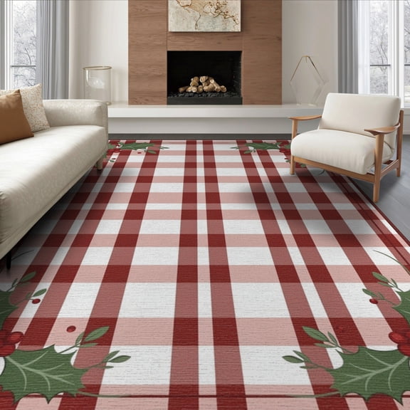 ODIKA 8'x10' Washable Area Rug Non-Shedding, Easy Care, Tartan Grid Motif Border Welcome Lettering Farmhouse Gingham Plaid Flowing for King Size Bedroom Under Bed, Master Suite