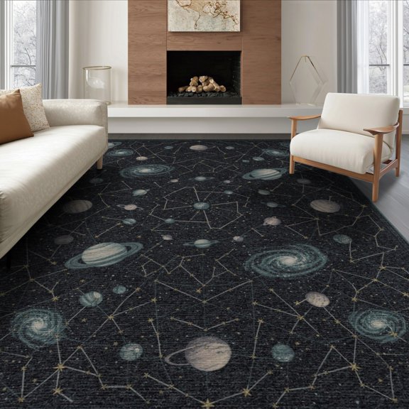 ODIKA 8'x10' Washable Area Rug Non-Shedding, Easy Care, Themed Navigation Chart Stars Connected Paths Starry Galaxy for King Size Bedroom Under Bed, Master Suite