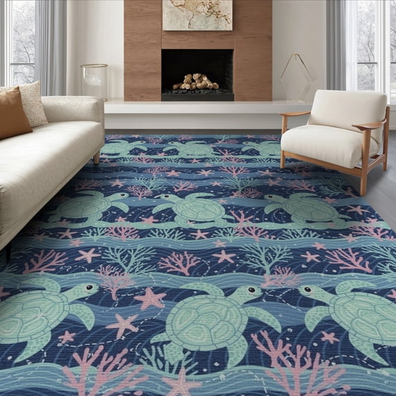 ODIKA 8'x10' Washable Area Rug Non-Shedding, Easy Care, Turtle Ocean Underwater Tropical Coral Reef Animal Scene Sea Flowing Dynamic for King Size Bedroom Under Bed, Master Suite