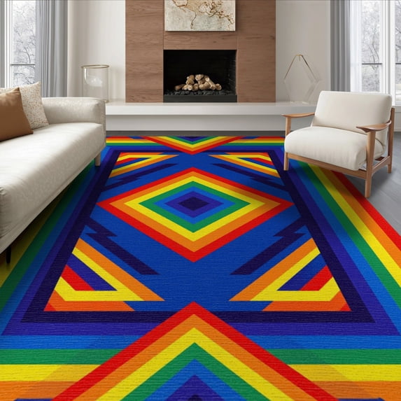 ODIKA 8'x10' Washable Area Rug Non-Shedding, Easy Care, Vibrant Lgbt With Repeating Bands And Symmetrical Edge Detail for King Size Bedroom Under Bed, Master Suite