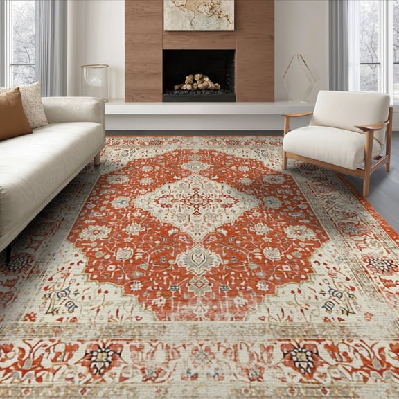 ODIKA 8'x10' Washable Area Rug Non-Shedding, Easy Care, Vintage Boho Distressed Retro Border Textured Pile for King Size Bedroom Under Bed, Master Suite