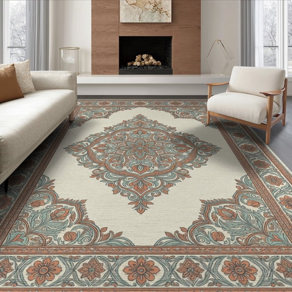 ODIKA 8'x10' Washable Area Rug Non-Shedding, Easy Care, Vintage Oushak Border Cream Farmhouse Bohemian Medium Boho Large Refined for King Size Bedroom Under Bed, Master Suite