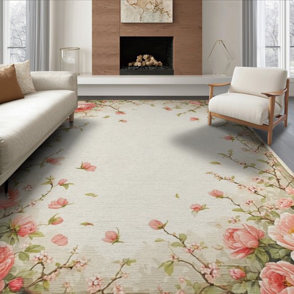 ODIKA 8'x10' Washable Area Rug Non-Shedding, Easy Care, Vintage Toss Flower Girly Petals Delicate Romantic Border Scroll for King Size Bedroom Under Bed, Master Suite