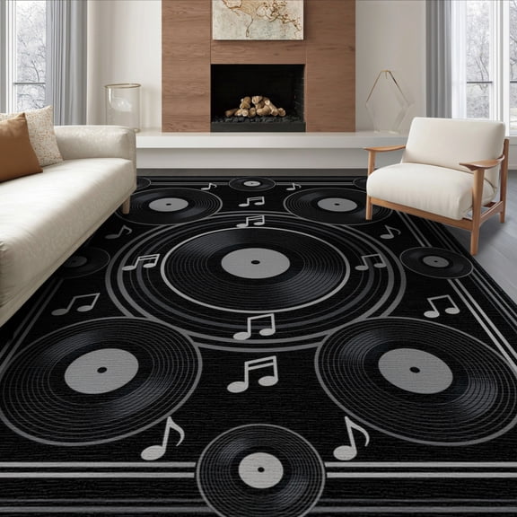 ODIKA 8'x10' Washable Area Rug Non-Shedding, Easy Care, Vinyl Note Record Album Disc Motif Border Round Cd Themed Music Flowing Dynamic for King Size Bedroom Under Bed, Master Suite