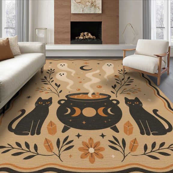 ODIKA 8'x10' Washable Area Rug Non-Shedding, Easy Care, Warm Beige Black Enchanted Nighttime Design Ghostly Figures and Mystical Cats for King Size Bedroom Under Bed, Master Suite