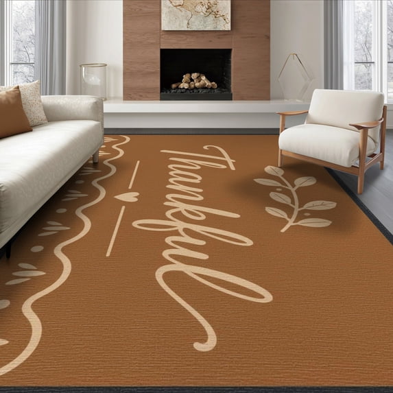 ODIKA 8'x10' Washable Area Rug Non-Shedding, Easy Care, Warm Brown Thankful Leaf Design Elegant with Heart and Motif for King Size Bedroom Under Bed, Master Suite