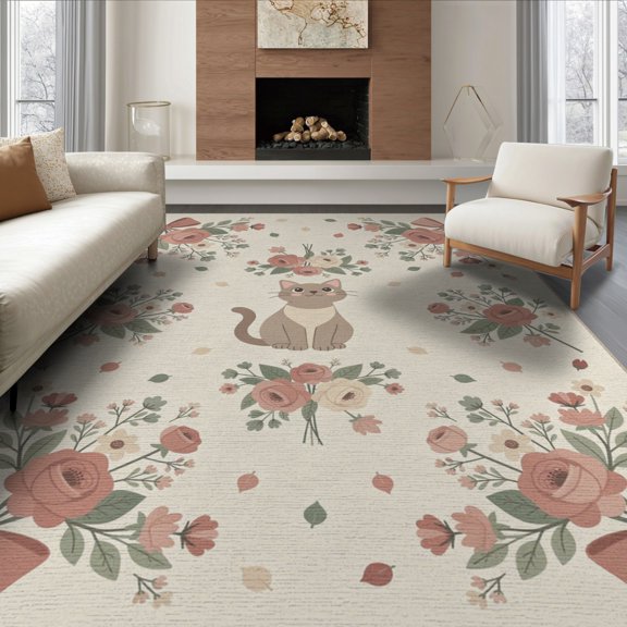 ODIKA 8'x10' Washable Area Rug Non-Shedding, Easy Care, Whimsical Motif Vintage Flower Arrangement Blooming Border Boho Flowing Dynamic for King Size Bedroom Under Bed, Master Suite