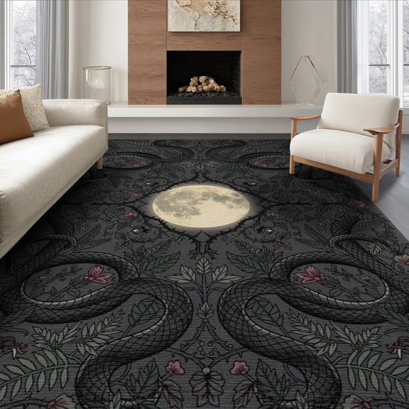 ODIKA 8'x10' Washable Area Rug Non-Shedding, Easy Care, Whimsy Snake Whimsical Forest Mystical Tattoo Bathroom Gothic Flowing Dynamic for King Size Bedroom Under Bed, Master Suite