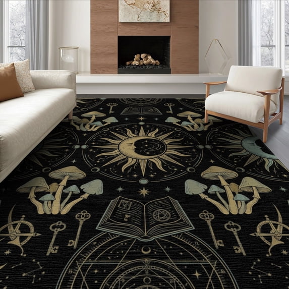 ODIKA 8'x10' Washable Area Rug Non-Shedding, Easy Care, Witchy Mushroom Motif Academia Moody Funky Halloween Goth Gothic Playful for King Size Bedroom Under Bed, Master Suite