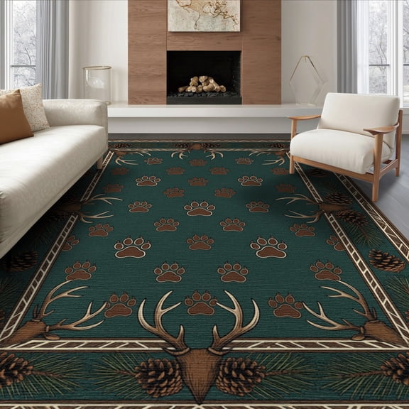 ODIKA 8'x10' Washable Area Rug Non-Shedding, Easy Care, Woodland Vintage Hunting Prints Pinecone Antler Border Cabin for King Size Bedroom Under Bed, Master Suite