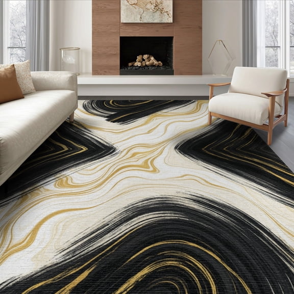 ODIKA 8'x10' Washable Area Rug Non-Slip Chair-Friendly Mat Abstract Asymmetrical Cream Balance Fluid Grey Tan for Dining Room, Large Office, Lounge