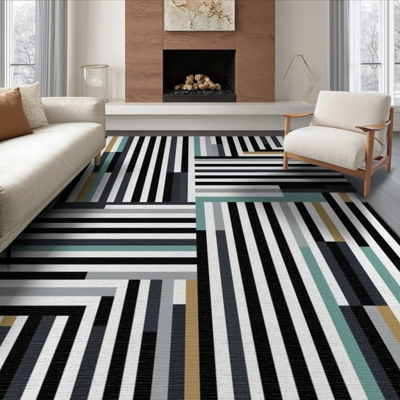 ODIKA 8'x10' Washable Area Rug Non-Slip Chair-Friendly Mat Abstract Bold Monochrome Motif Concentric Ring Minimalist Striped Flowing for Dining Room, Large Office, Lounge