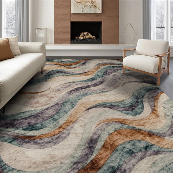 ODIKA 8'x10' Washable Area Rug Non-Slip Chair-Friendly Mat Abstract Fluid Swirl Bold Painterly Motion Large Colored Burnt for Dining Room, Office, Lounge