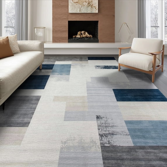 ODIKA 8'x10' Washable Area Rug Non-Slip Chair-Friendly Mat Abstract Modern Brushstroke With Bold Interlocking Color Blocks for Dining Room, Large Office, Lounge
