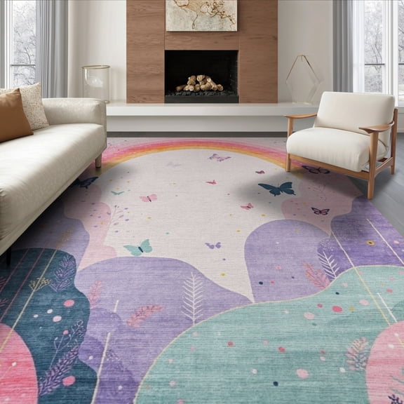 ODIKA 8'x10' Washable Area Rug Non-Slip Chair-Friendly Mat Abstract Purple Butterfly Motifs Preppy Arches Pastel Playroom for Dining Room, Large Office, Lounge