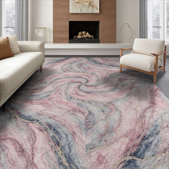 ODIKA 8'x10' Washable Area Rug Non-Slip Chair-Friendly Mat Abstract Veined Swirl Fluid Motif Watercolor Boho Wavy Ribbon Pink Flowing for Dining Room, Large Office, Lounge