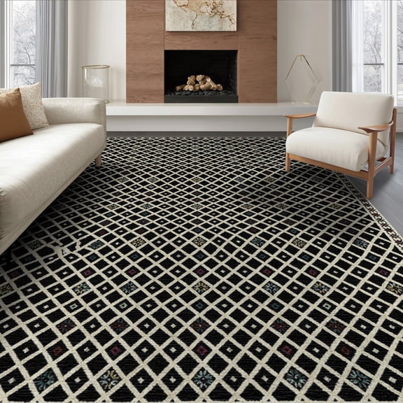 ODIKA 8'x10' Washable Area Rug Non-Slip Chair-Friendly Mat Aesthetic Boho Crosshatch Grid Contemporary Bathroom Printed for Dining Room, Large Office, Lounge