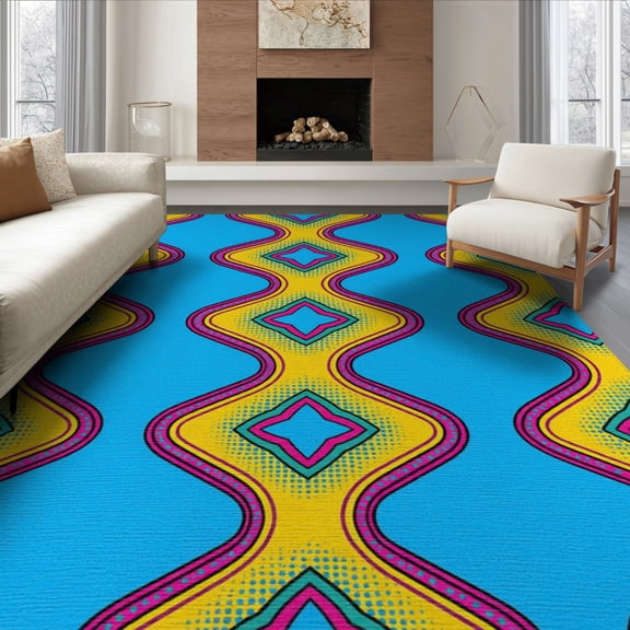 ODIKA 8'x10' Washable Area Rug Non-Slip Chair-Friendly Mat Aesthetic Cartoon Retro Blocks Graphic Bold Outline Funky Refined for Dining Room, Large Office, Lounge