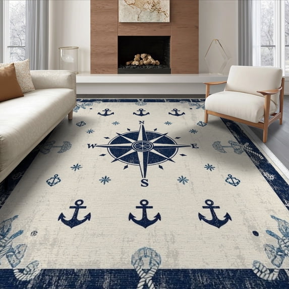 ODIKA 8'x10' Washable Area Rug Non-Slip Chair-Friendly Mat Beachy Ocean Nautical Vintage Border Compass Motif Themed Bathroom for Dining Room, Large Office, Lounge