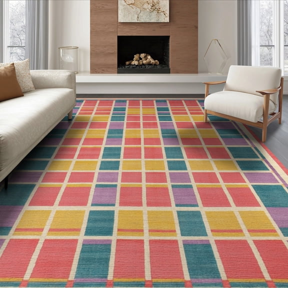 ODIKA 8'x10' Washable Area Rug Non-Slip Chair-Friendly Mat Bedside Checkered Retro Block Hopscotch Grid Storybook Motif for Dining Room, Large Office, Lounge