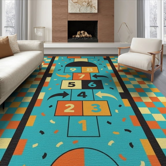 ODIKA 8'x10' Washable Area Rug Non-Slip Chair-Friendly Mat Bedside Hopscotch Checkered Abstract Plaza Retro Storybook Block for Dining Room, Large Office, Lounge