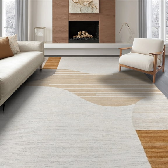 ODIKA 8'x10' Washable Area Rug Non-Slip Chair-Friendly Mat Beige Abstract Cream Wave Stripe Contemporary Textured Neutral for Dining Room, Large Office, Lounge