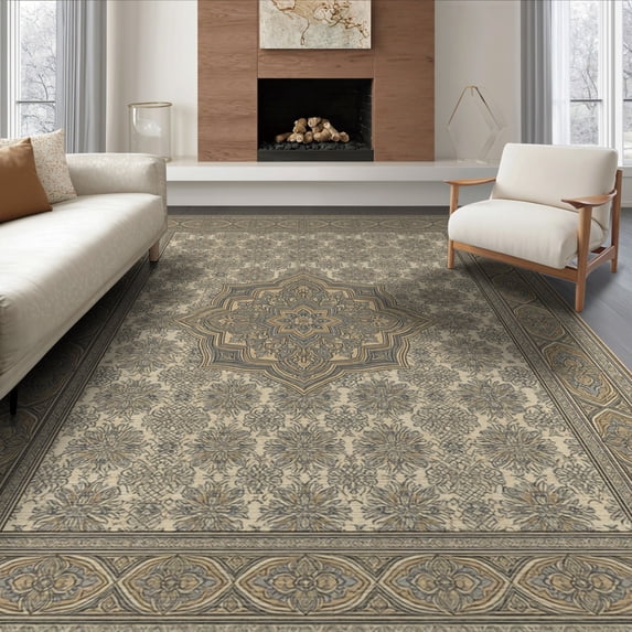 ODIKA 8'x10' Washable Area Rug Non-Slip Chair-Friendly Mat Beige Dining Faded Interlocking Traditional Ornamental Cover for Dining Room, Large Office, Lounge