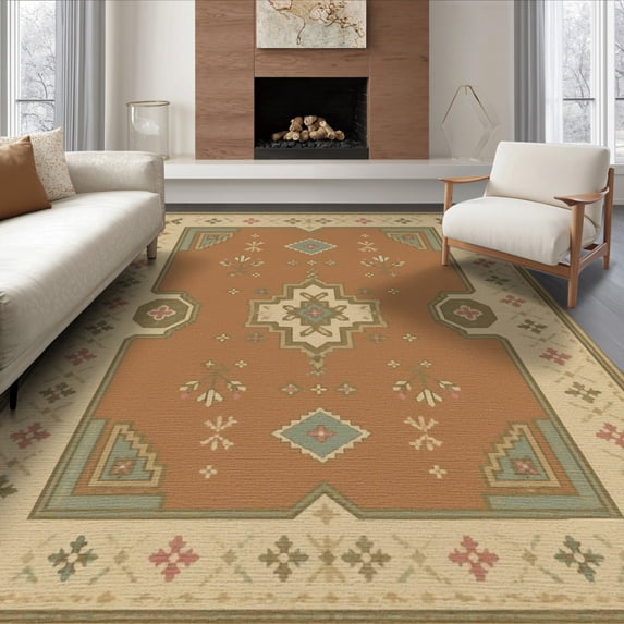 ODIKA 8'x10' Washable Area Rug Non-Slip Chair-Friendly Mat Beige Terracotta Geometric Floral Design Intricate with Classic Border Style for Dining Room, Large Office, Lounge