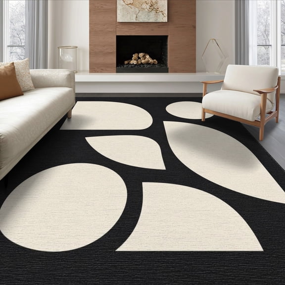 ODIKA 8'x10' Washable Area Rug Non-Slip Chair-Friendly Mat Black Cream Geometric Contrast Design Elegant Abstract Shapes with Bold Visual Impact for Dining Room, Large Office, Lounge