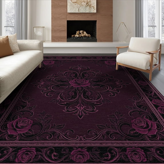 ODIKA 8'x10' Washable Area Rug Non-Slip Chair-Friendly Mat Black Gothic Witchy Maximalist Whimsigoth Victorian Floral Design with Roses for Dining Room, Large Office, Lounge
