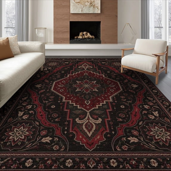 ODIKA 8'x10' Washable Area Rug Non-Slip Chair-Friendly Mat Black Red Elegance with Floral Symmetry Intricate Geometric and Designs Border Detailing for Dining Room, Large Office, Lounge