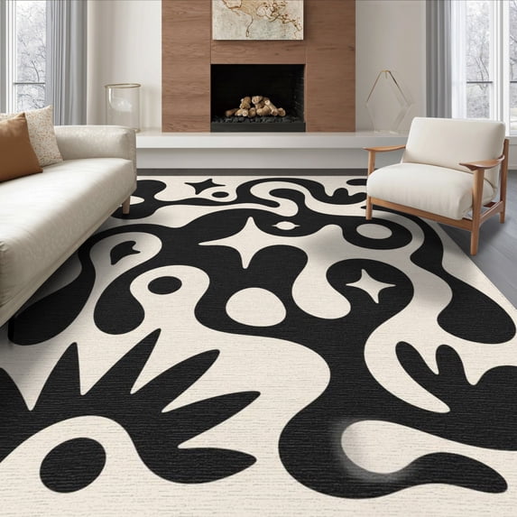 ODIKA 8'x10' Washable Area Rug Non-Slip Chair-Friendly Mat Black White Abstract Artistic Design Contemporary Fluid Shapes with Star Motifs for Dining Room, Large Office, Lounge