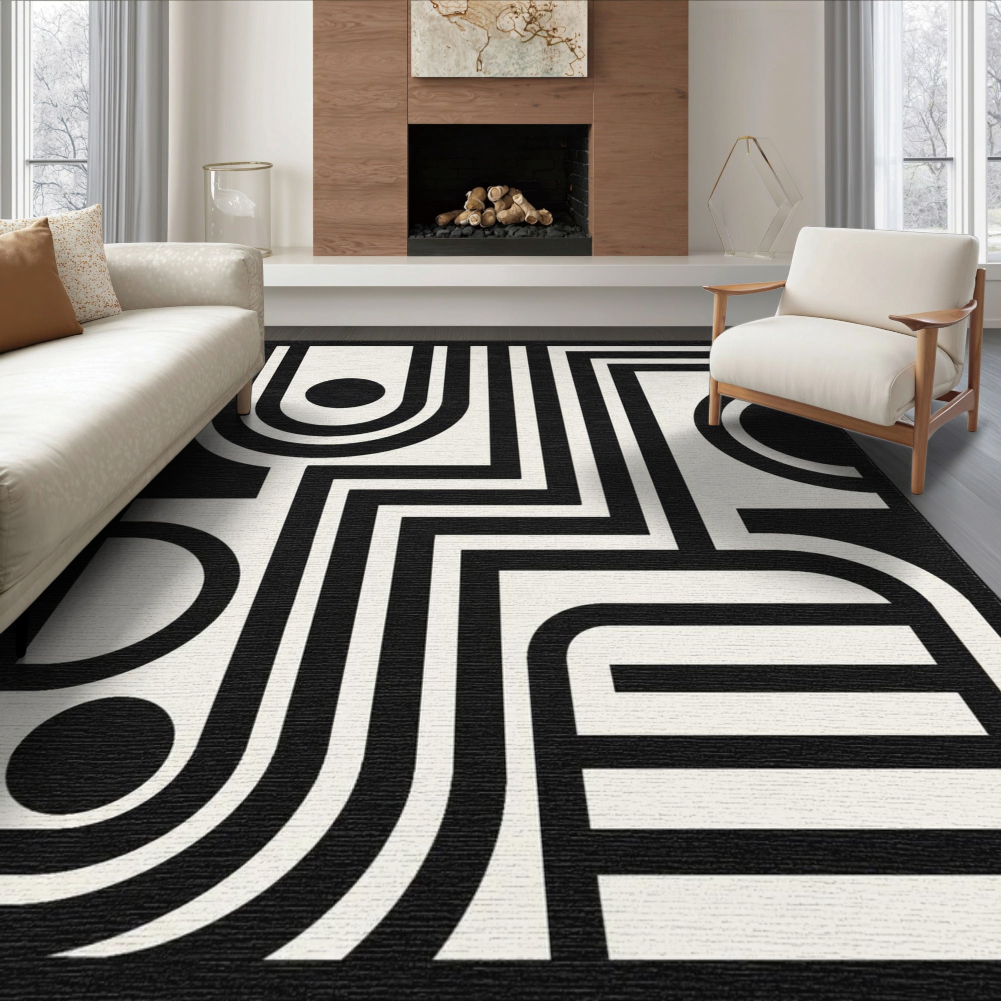 ODIKA 8'x10' Washable Area Rug Non-Slip Chair-Friendly Mat Black White ...