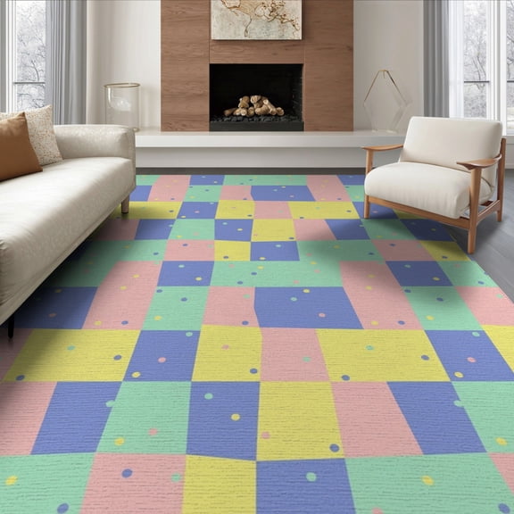 ODIKA 8'x10' Washable Area Rug Non-Slip Chair-Friendly Mat Block Hopscotch Scattered Confetti Motif Bedside Checkered Retro Playful for Dining Room, Large Office, Lounge
