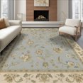 thumbnail image 1 of ODIKA 8'x10' Washable Area Rug Non-Slip Chair-Friendly Mat Blue Beige Elegance with Floral Accents Traditional Blossom and Leaf Design Ornate Border for Dining Room, Large Office, Lounge, 1 of 7