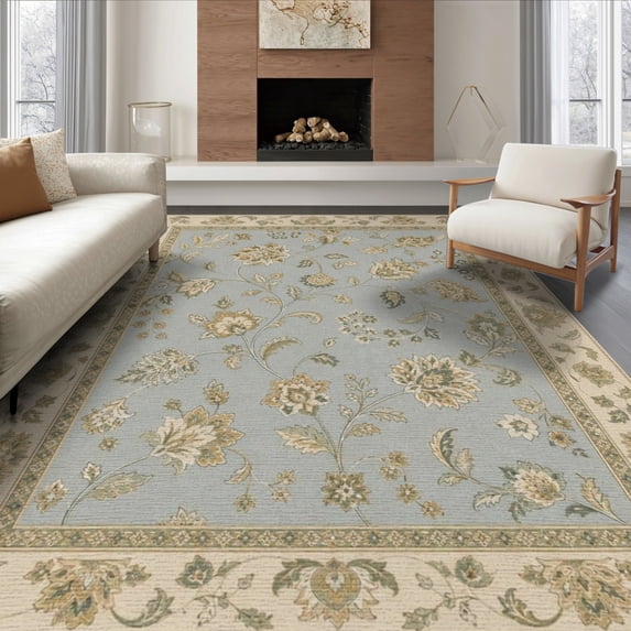 ODIKA 8'x10' Washable Area Rug Non-Slip Chair-Friendly Mat Blue Beige Elegance with Floral Accents Traditional Blossom and Leaf Design Ornate Border for Dining Room, Large Office, Lounge